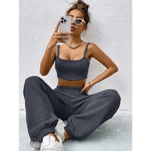 2 piece set: minimalist Crop Cami Top & Sweatpants dark gray